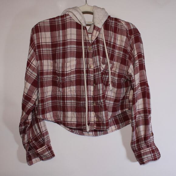 American Eagle Cropped Flannel Distressed Button Up Hoodie Size S - Picture 1 of 6